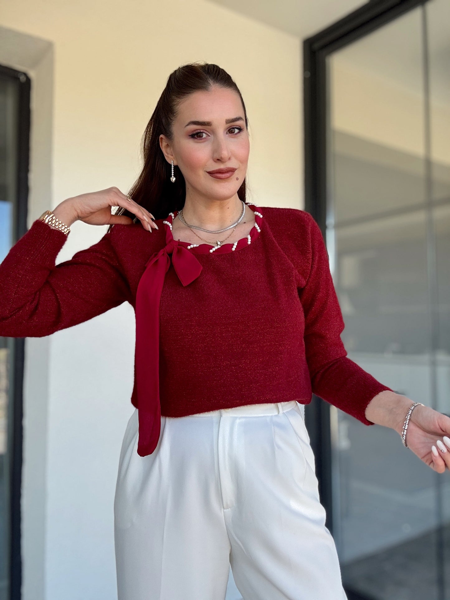 Yaka inci detaylı SİMLİ kazak BORDO