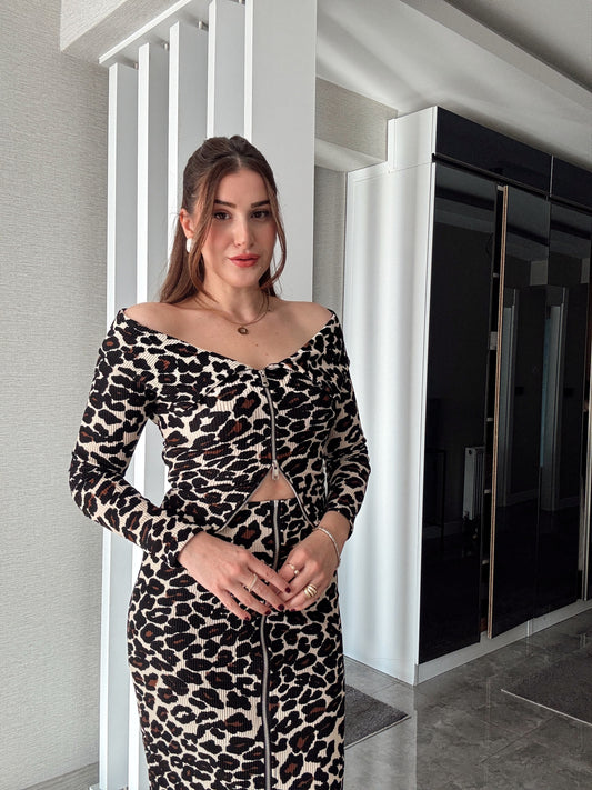 Leopar Desenli Fermuarlı Bluz KAHVE