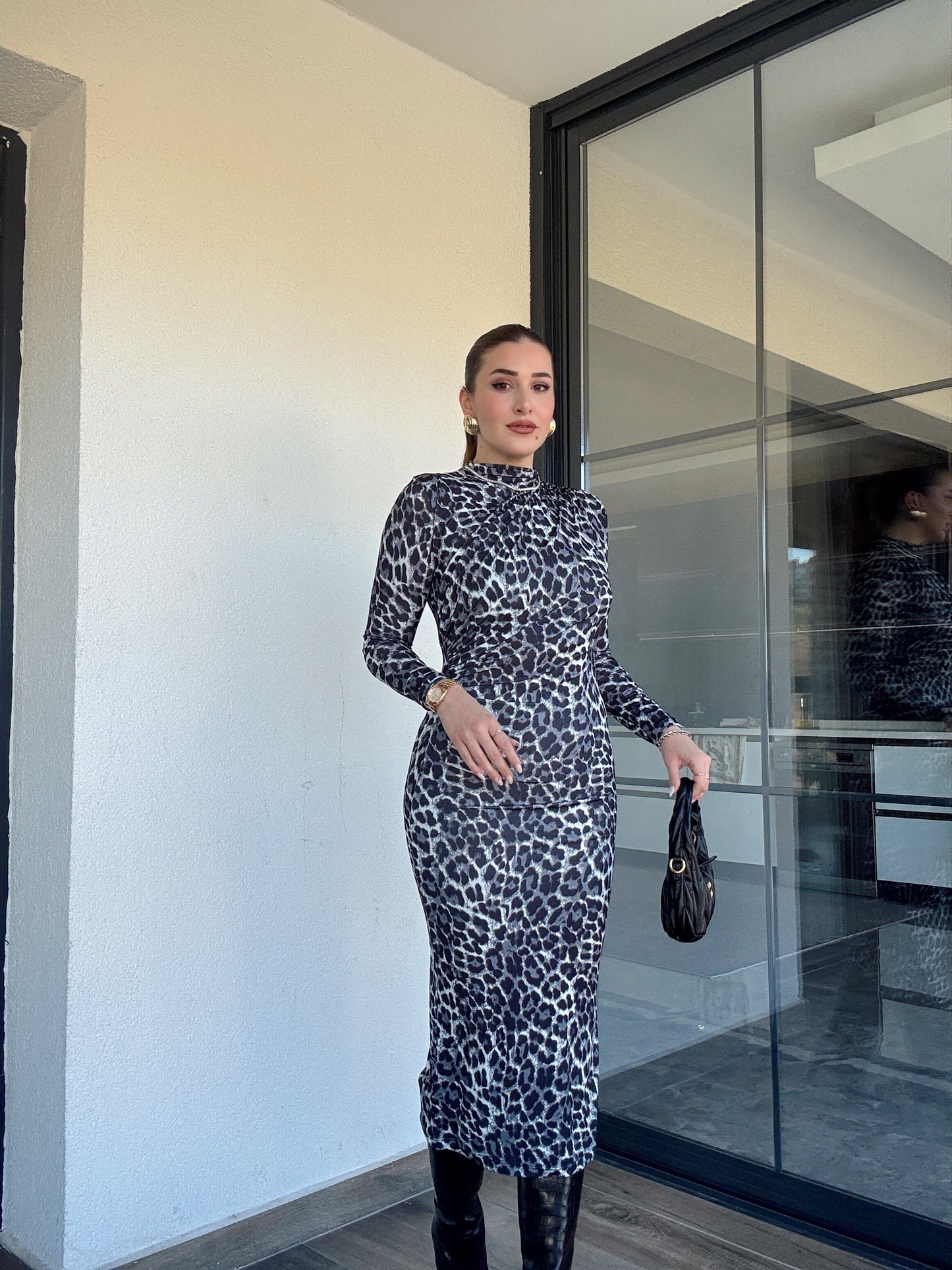 Sandy kumaş drape detaylı leopar elbise-SİYAH