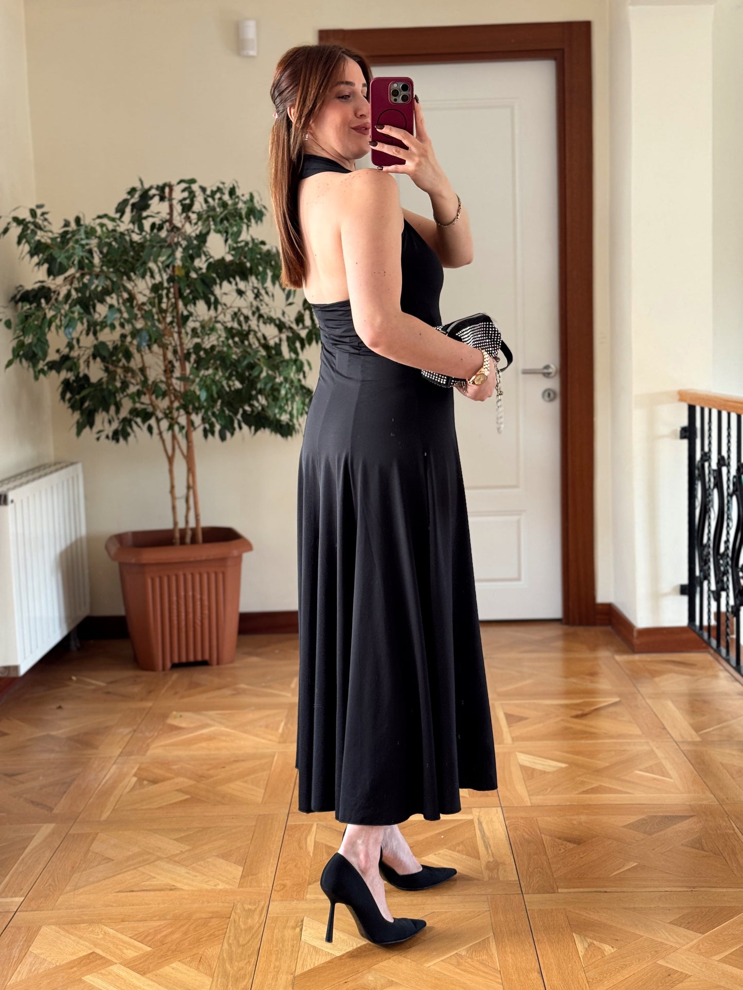 Dalgıç kumaş boyun geçme elbise-SİYAH