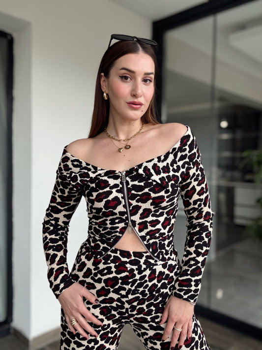 Leopar Desenli Fermuarlı Bluz BORDO