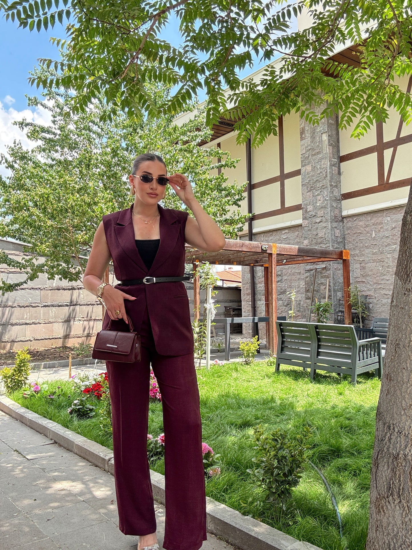 Toprak Uzun Yelekli Takım Mürdüm