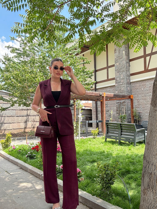Toprak Uzun Yelekli Takım Mürdüm