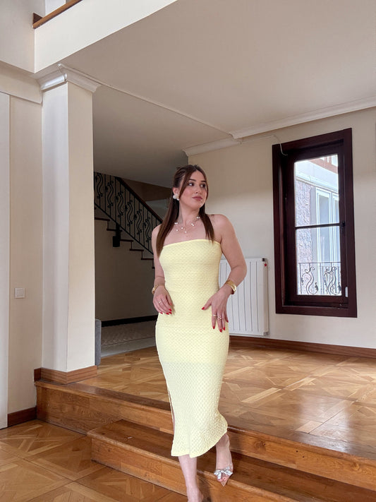 Straplez likralı astarlı elbise  SARI