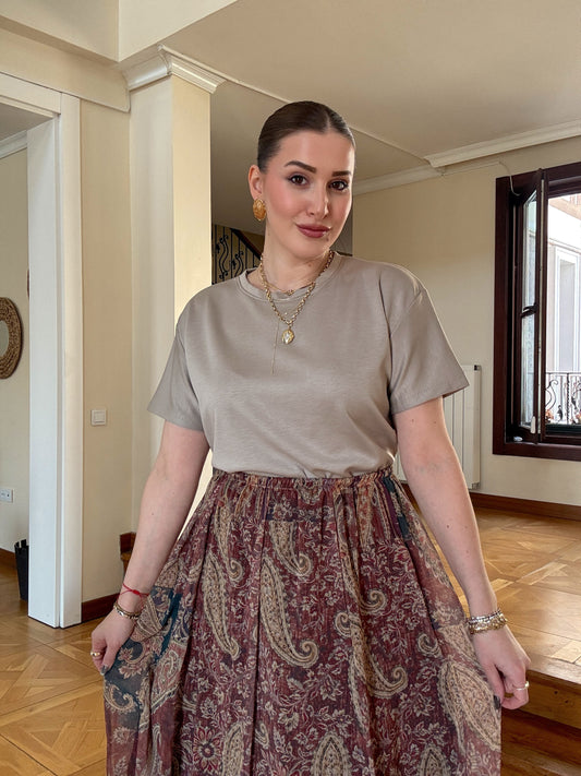 Oversize Modal Yırtmaçlı Tişört Vizon