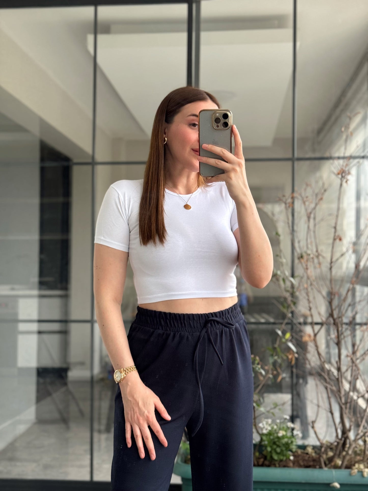 Pamuklu Crop Tişört - BEYAZ