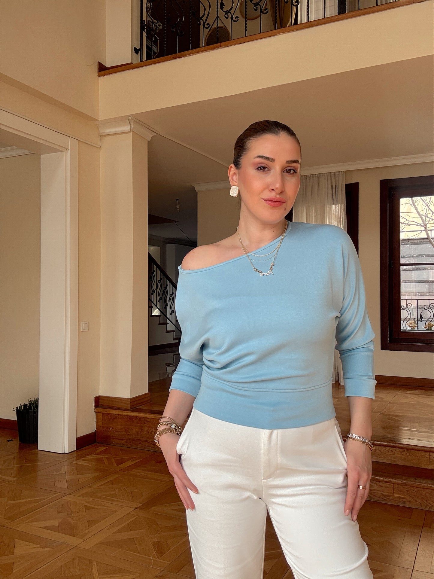 KAYIK YAKA BLUZ-MAVİ