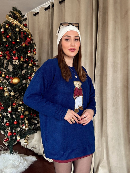 Ayıcık İşleme Yumoş Triko Kazak - SAKS MAVİ