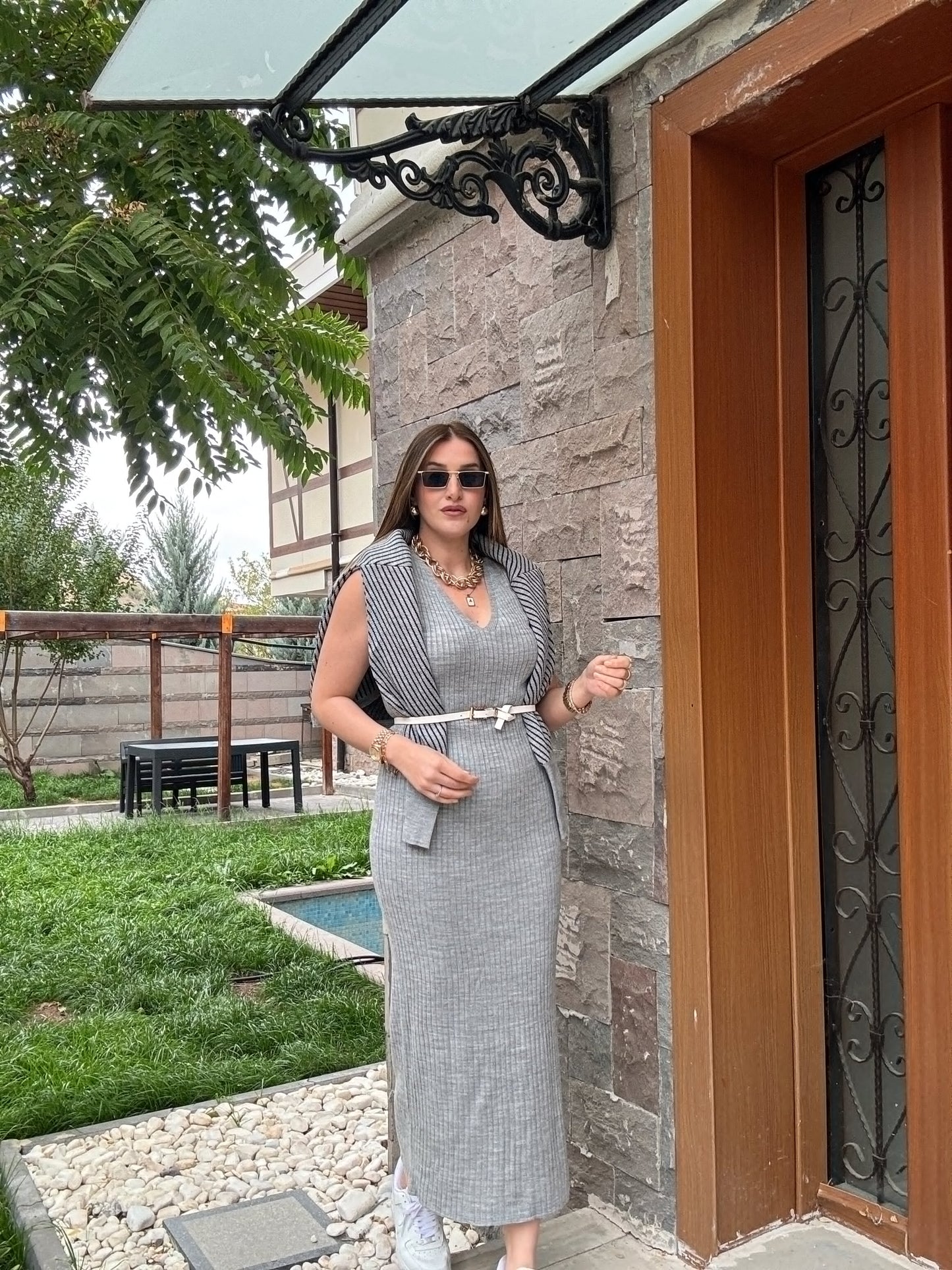 Yatay Çizgili Pikeli Jileli Takım - GRİ