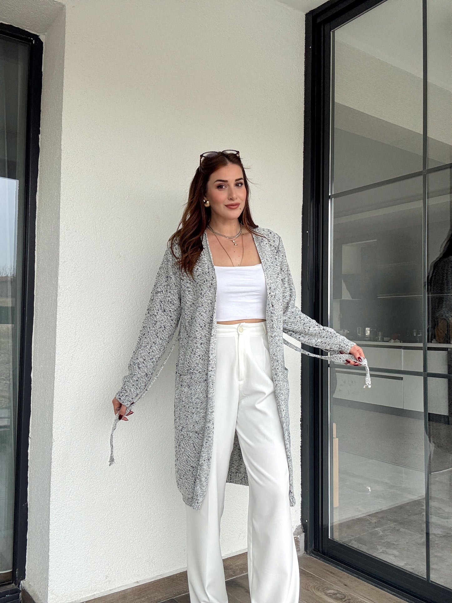 Bel kemer detaylı karışımlı ceket-GRİ