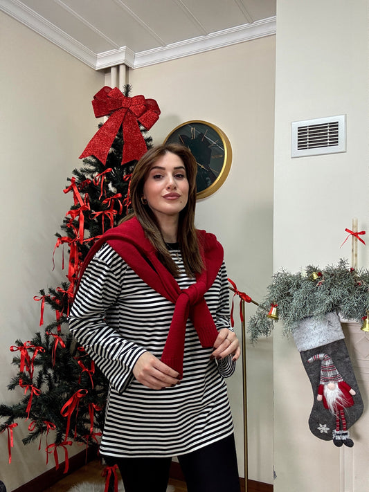 Bisiklet yaka uzun kol çizgili bluz-SİYAH