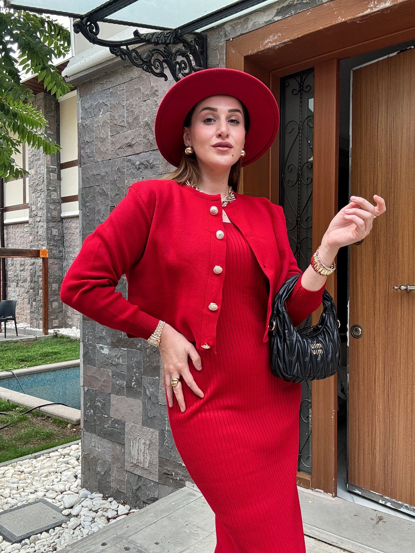 Ceketli Elbiseli Triko Takım - KIRMIZI