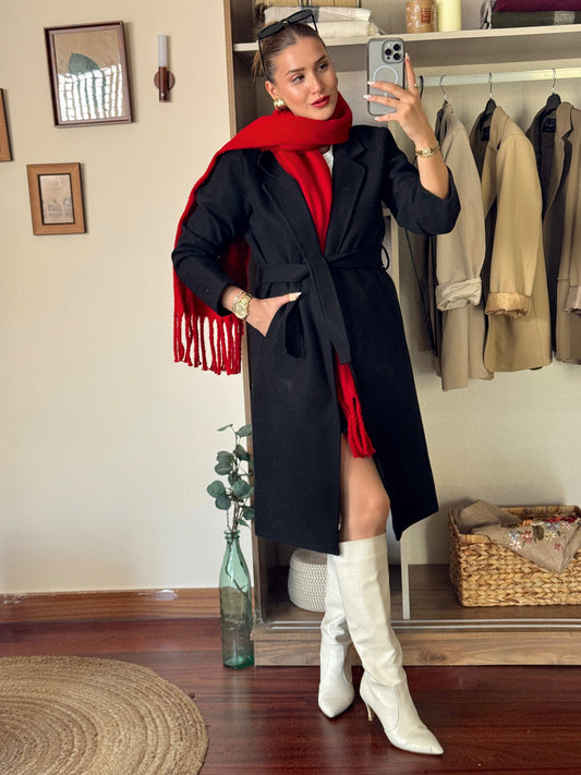 Beli kuşaklı uzun kaşe kaban Siyah