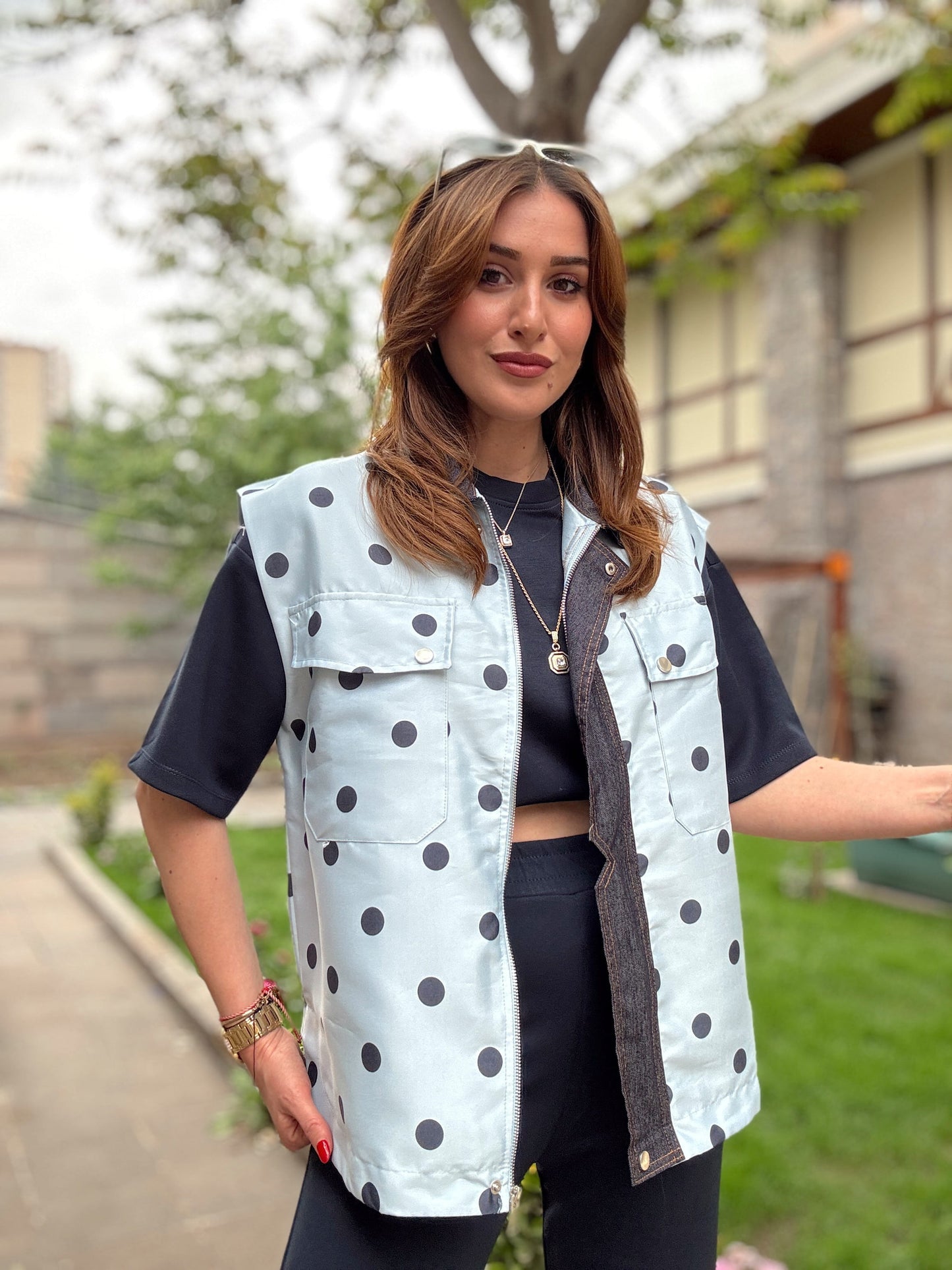 Puantiyeli Yelekli 3 parça Takım Mavi