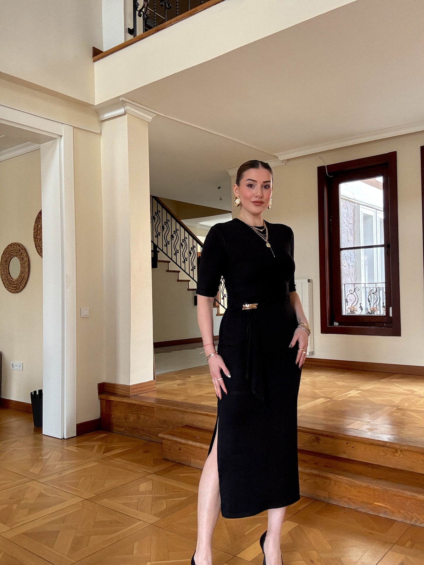 Önü toka detaylı modal elbise SİYAH