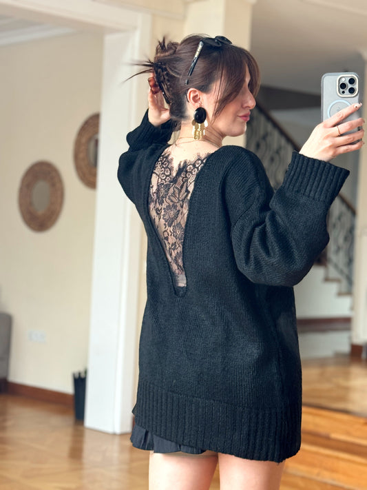 Arkası Dantelli Kazak-SİYAH