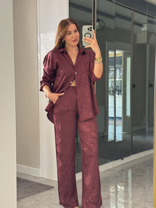 Leopar desenli İkili Takım Bordo