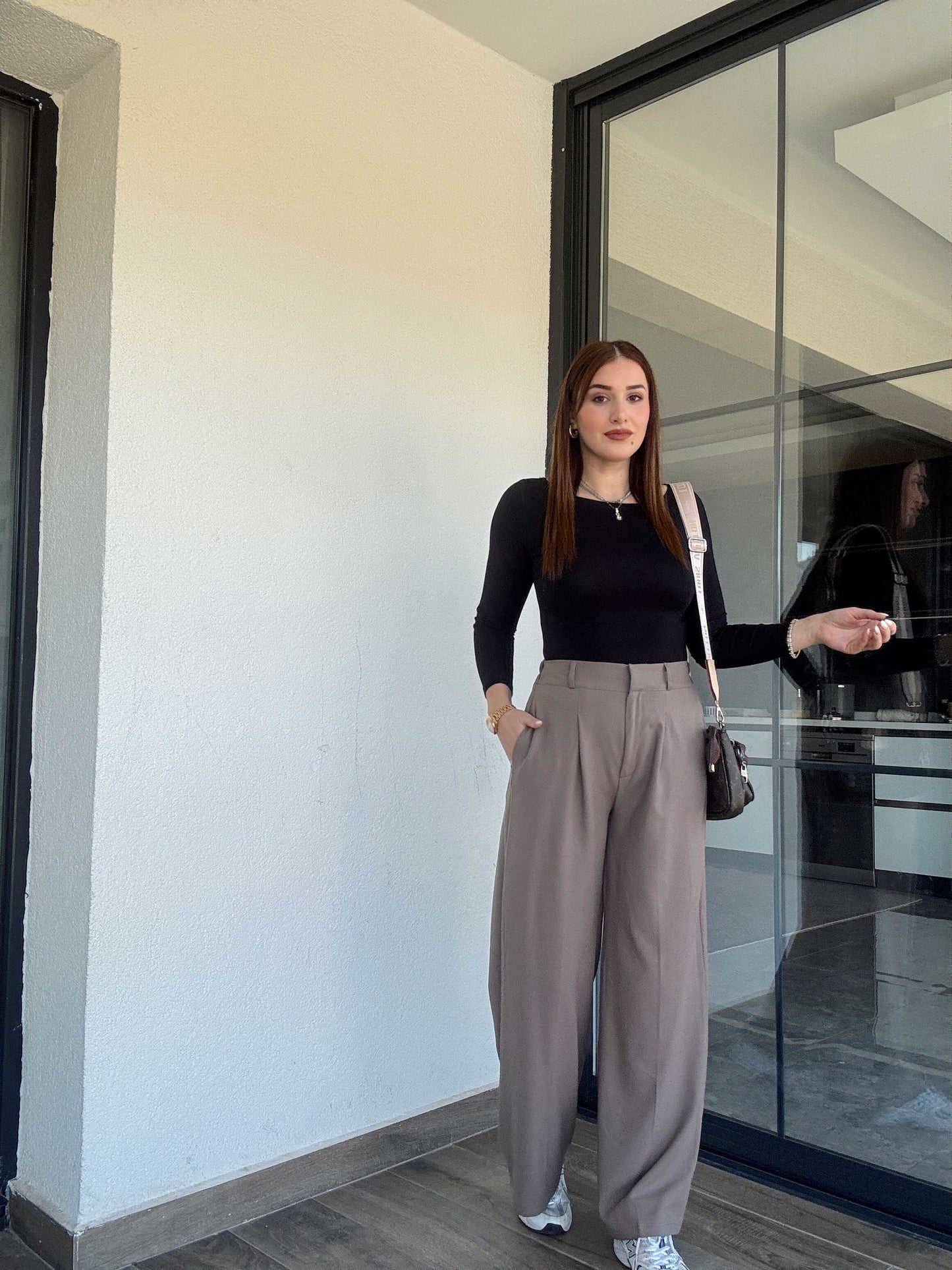 Çıtçıt detaylı palazzo pantolon-VİZON