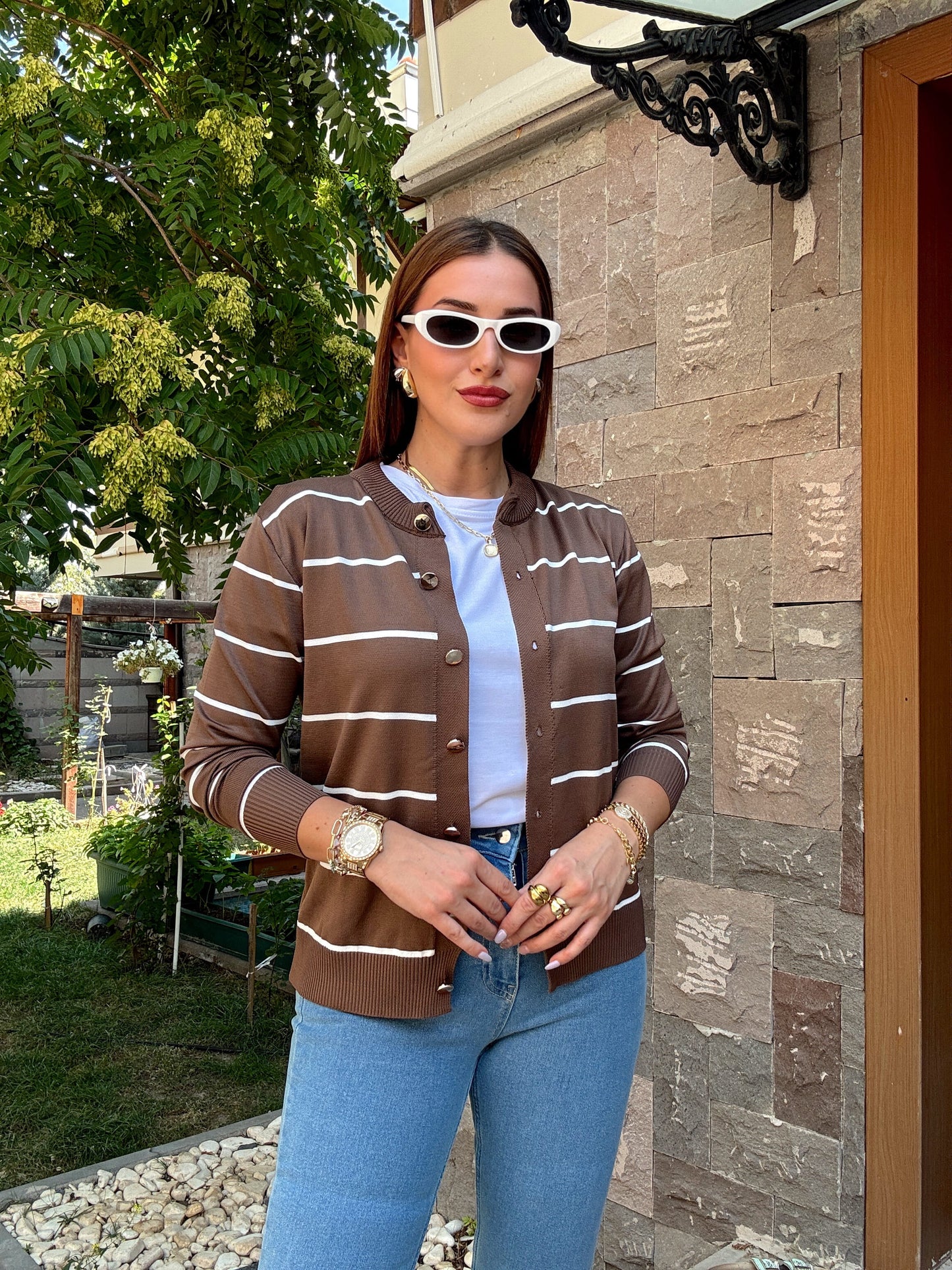 Çizgili Düğmeli Hırka açık Kahve
