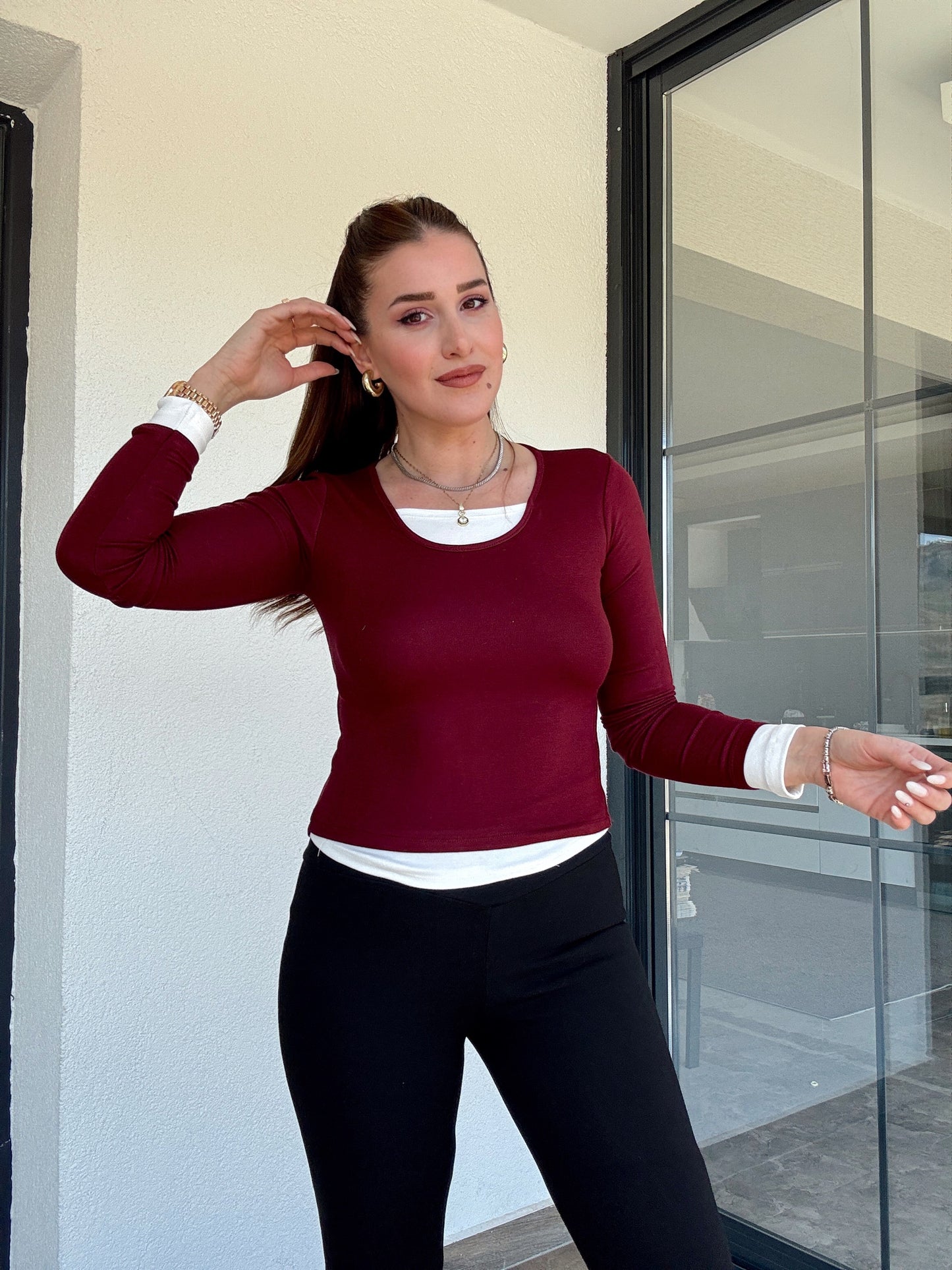 Buzi havuz yaka garnili bluz BORDO