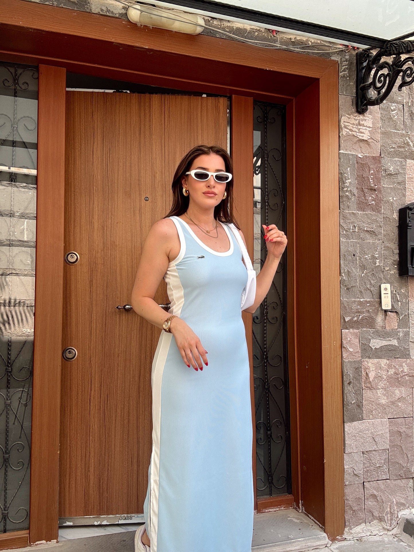 Delone fitilli kumaş askılı elbise MAVİ