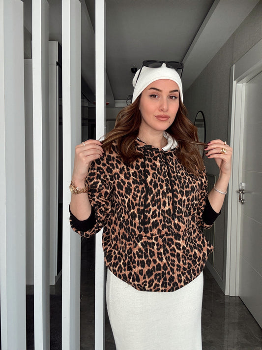 İki İplik Kapüşonlu Kanguru Cep Sweatshirt - LEOPAR
