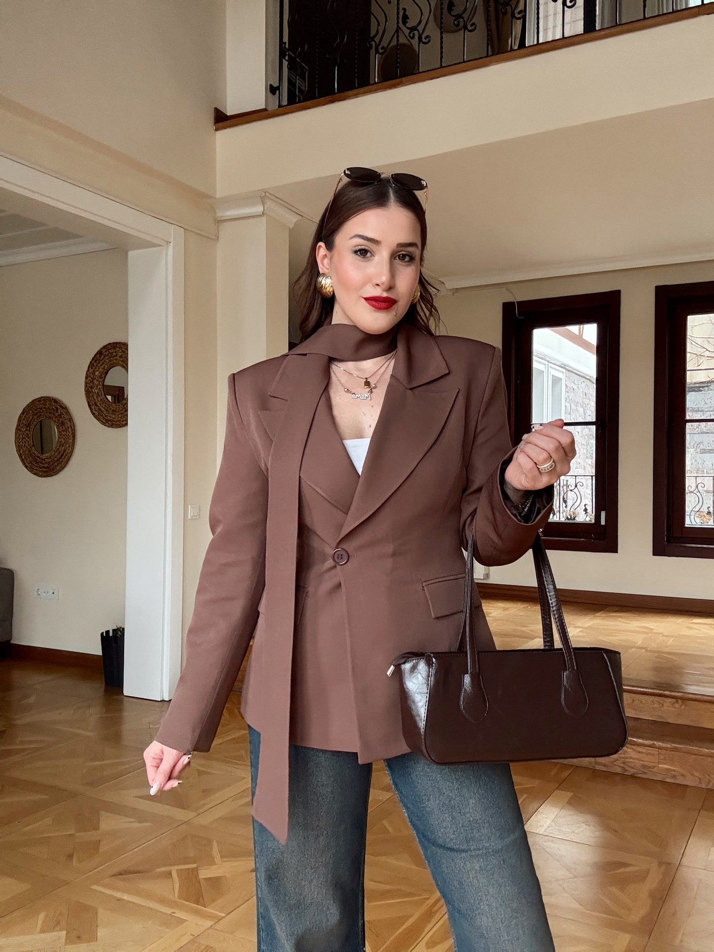 Fular Detaylı Ceket-KAHVERENGİ