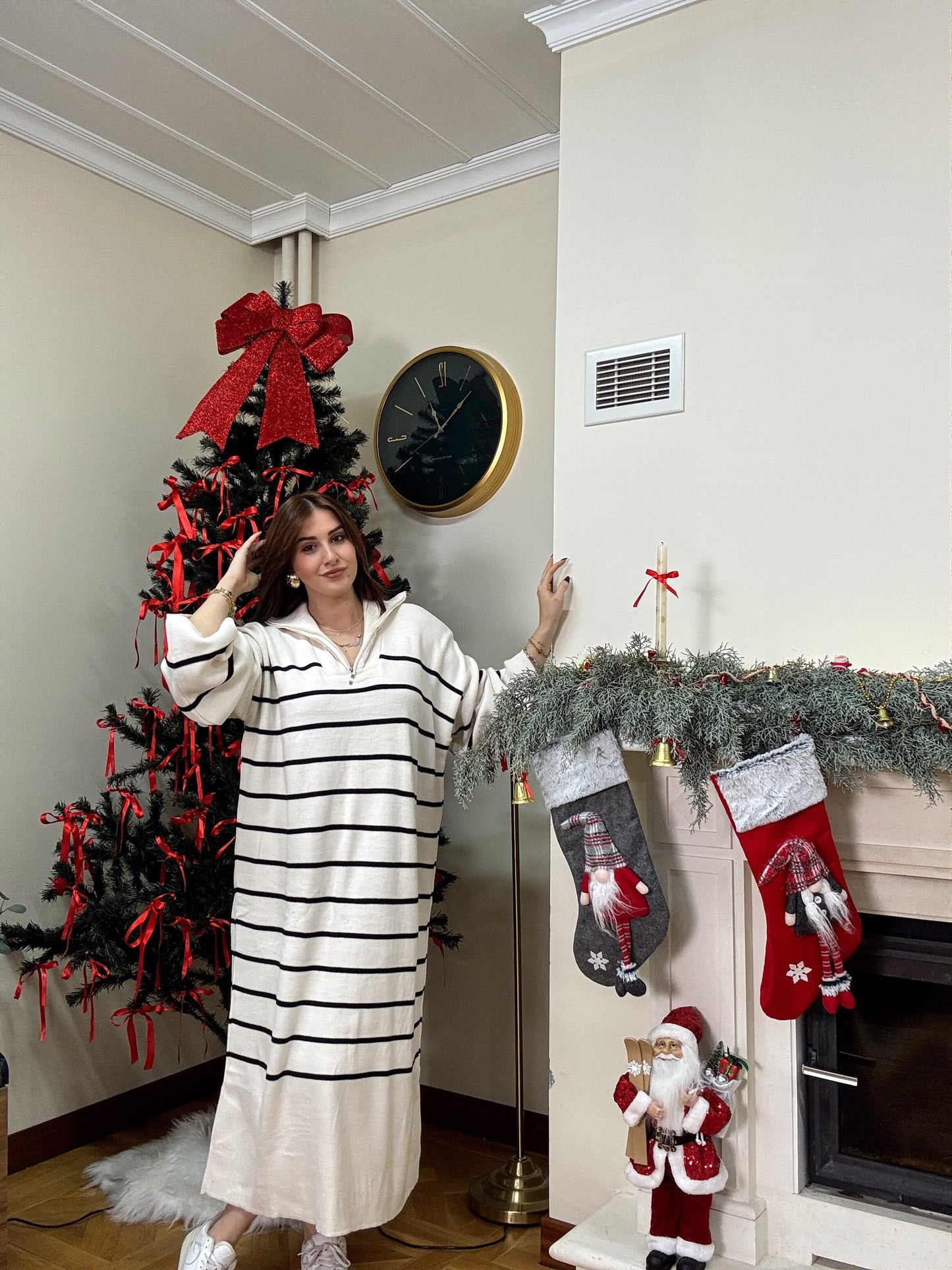 Fermuarlı çizgili triko elbise-LATTE