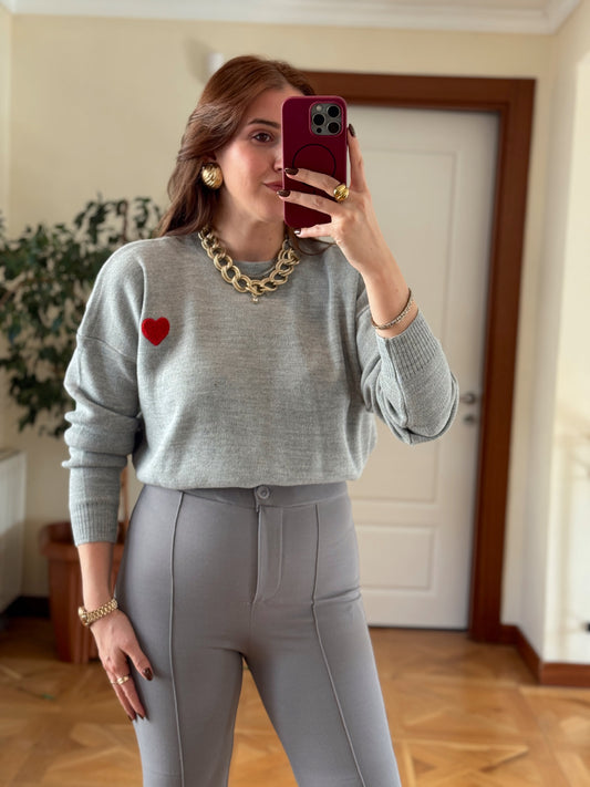 Kalp Aplikeli Crop Kazak - GRİ
