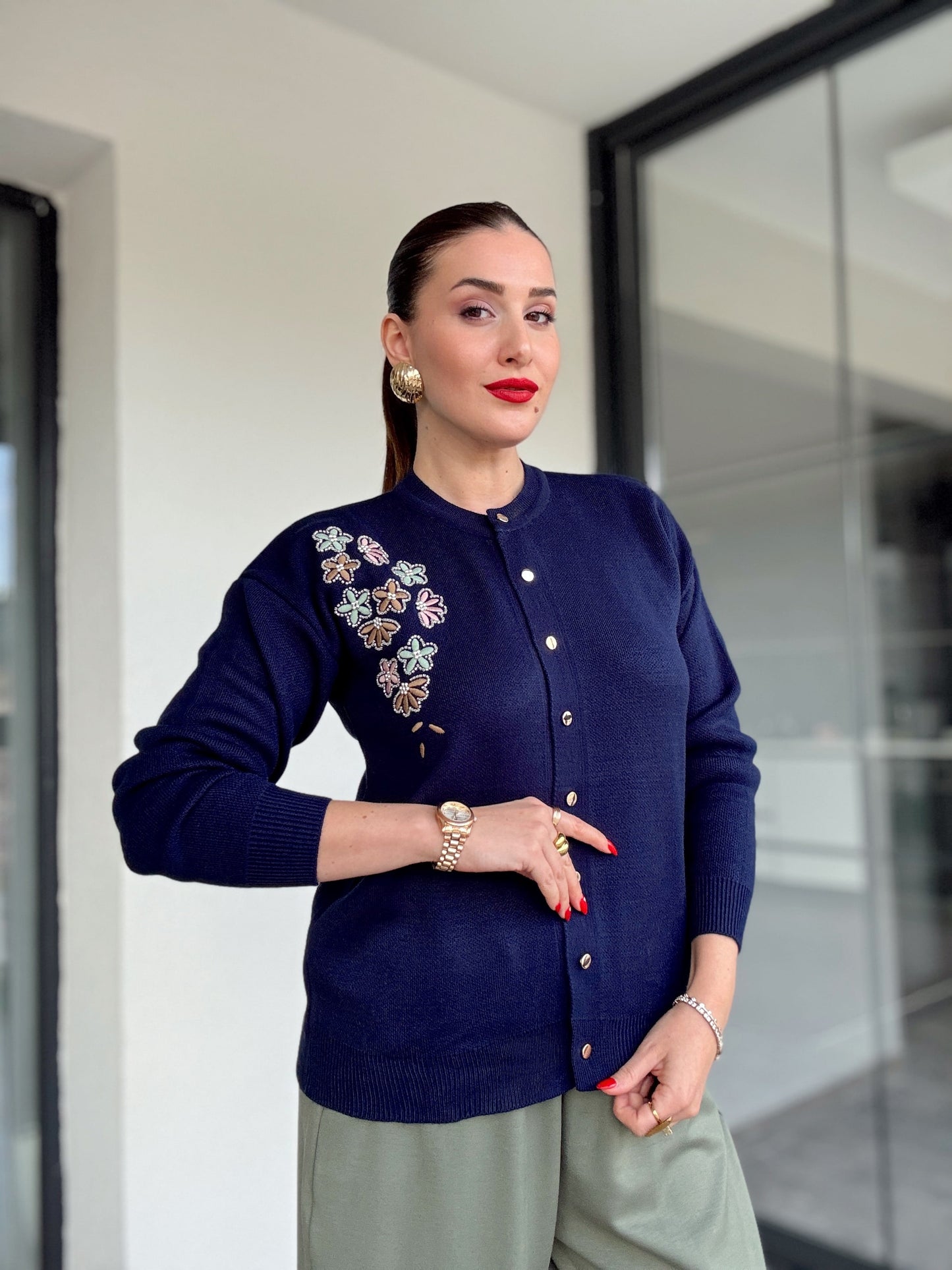 Papatya çiçekli hırka Lacivert