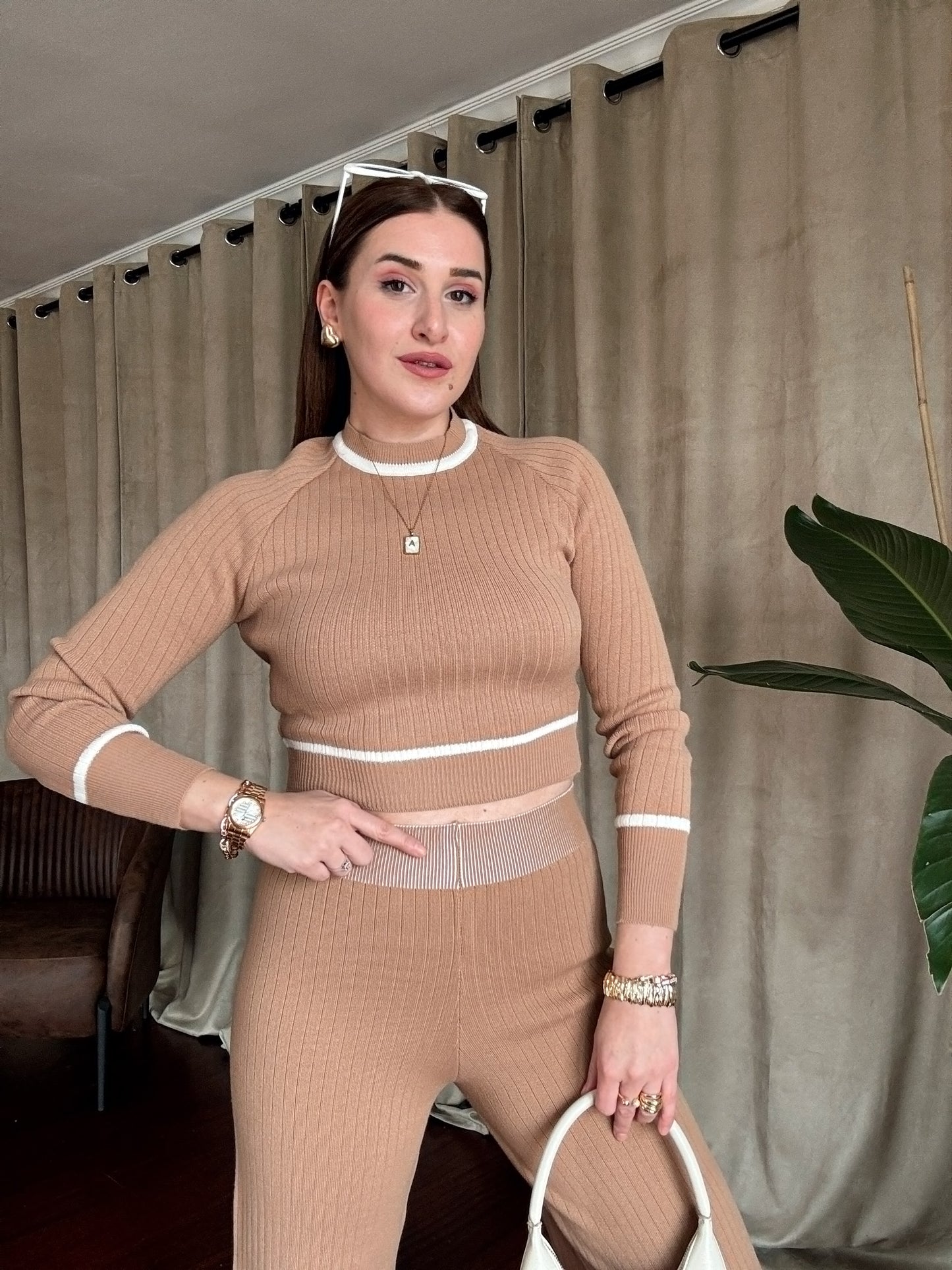 Yaka Ve Eteği Detaylı Basic Fitilli Takım - CAMEL