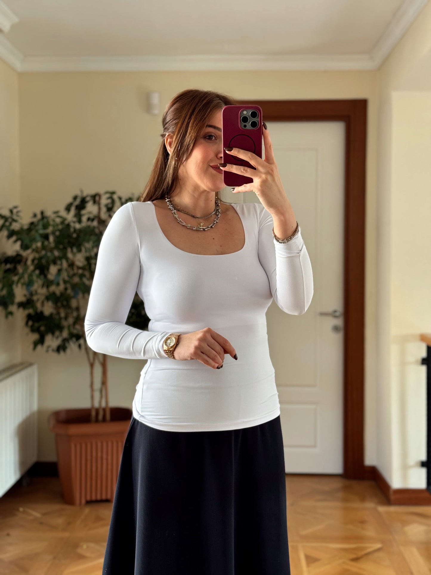 Kare yaka uzun kol bluz-BEYAZ