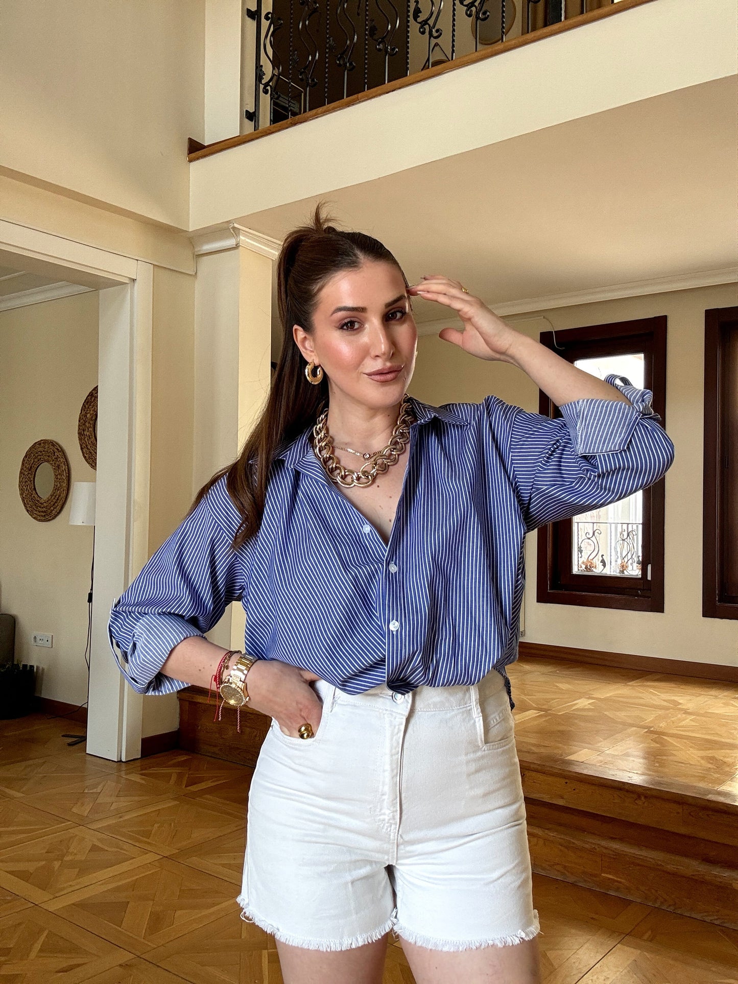 Önü düğümlü çizgili gömlek Lacivert