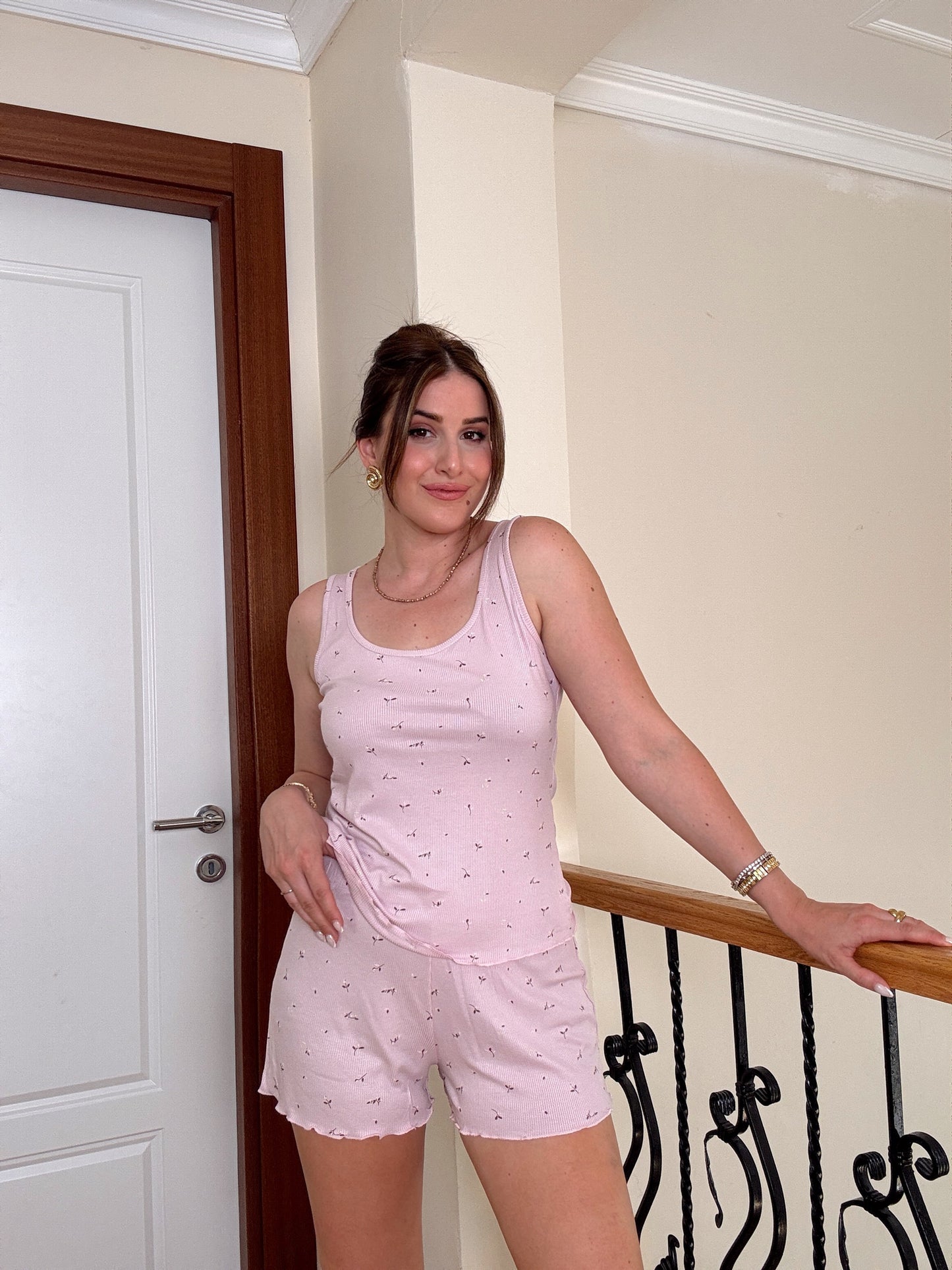 Minik çiçek  Baskılı Atletli Pijama Takımı pudra