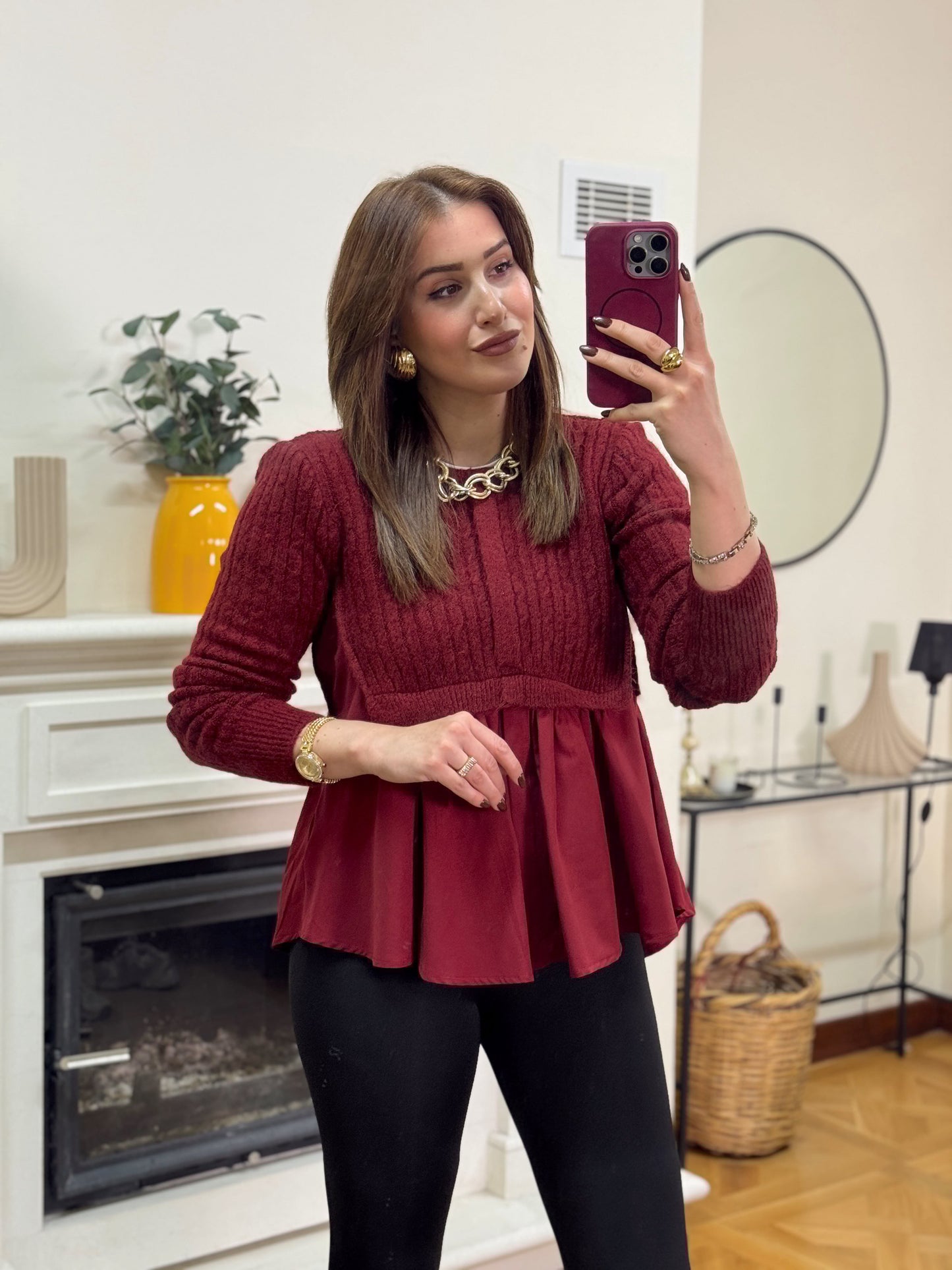 Poplin gömlek garnili triko kazak -BORDO