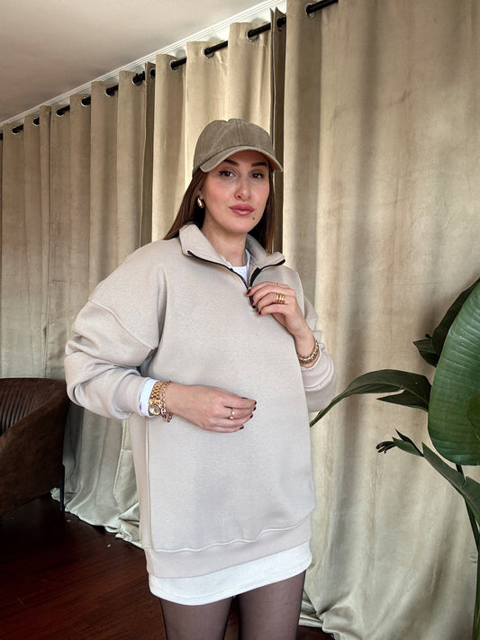 3 İplik Şardonlu Yarım Fermuarlı Sweatshirt - TAŞ