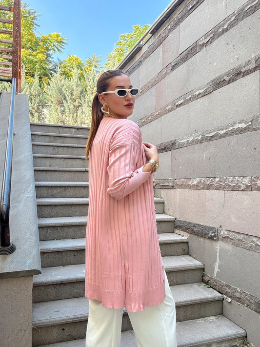 Şerit detaylı düğmeli triko hırka Pembe