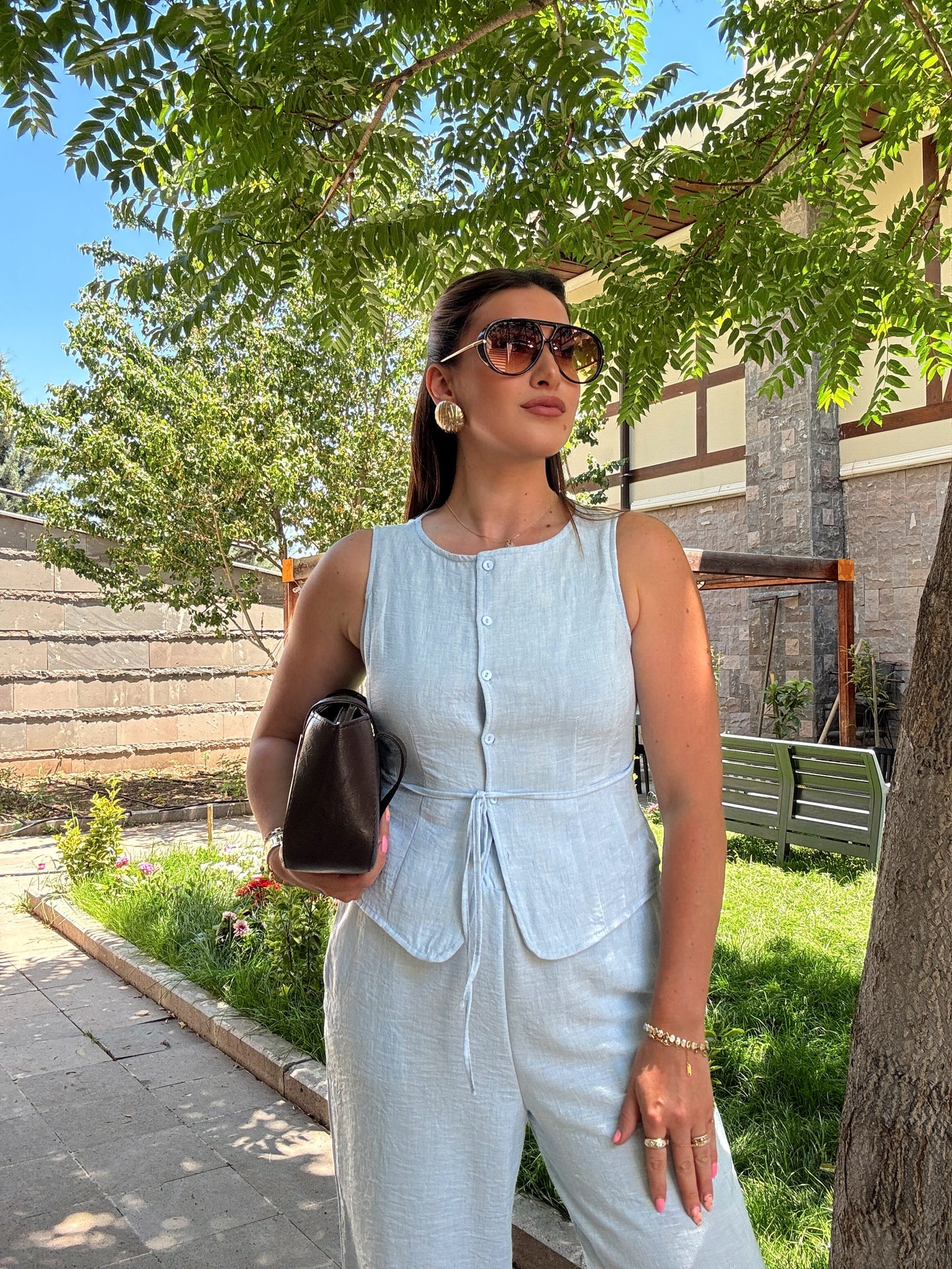 Yelekli bağlama detay keten takım Mavi