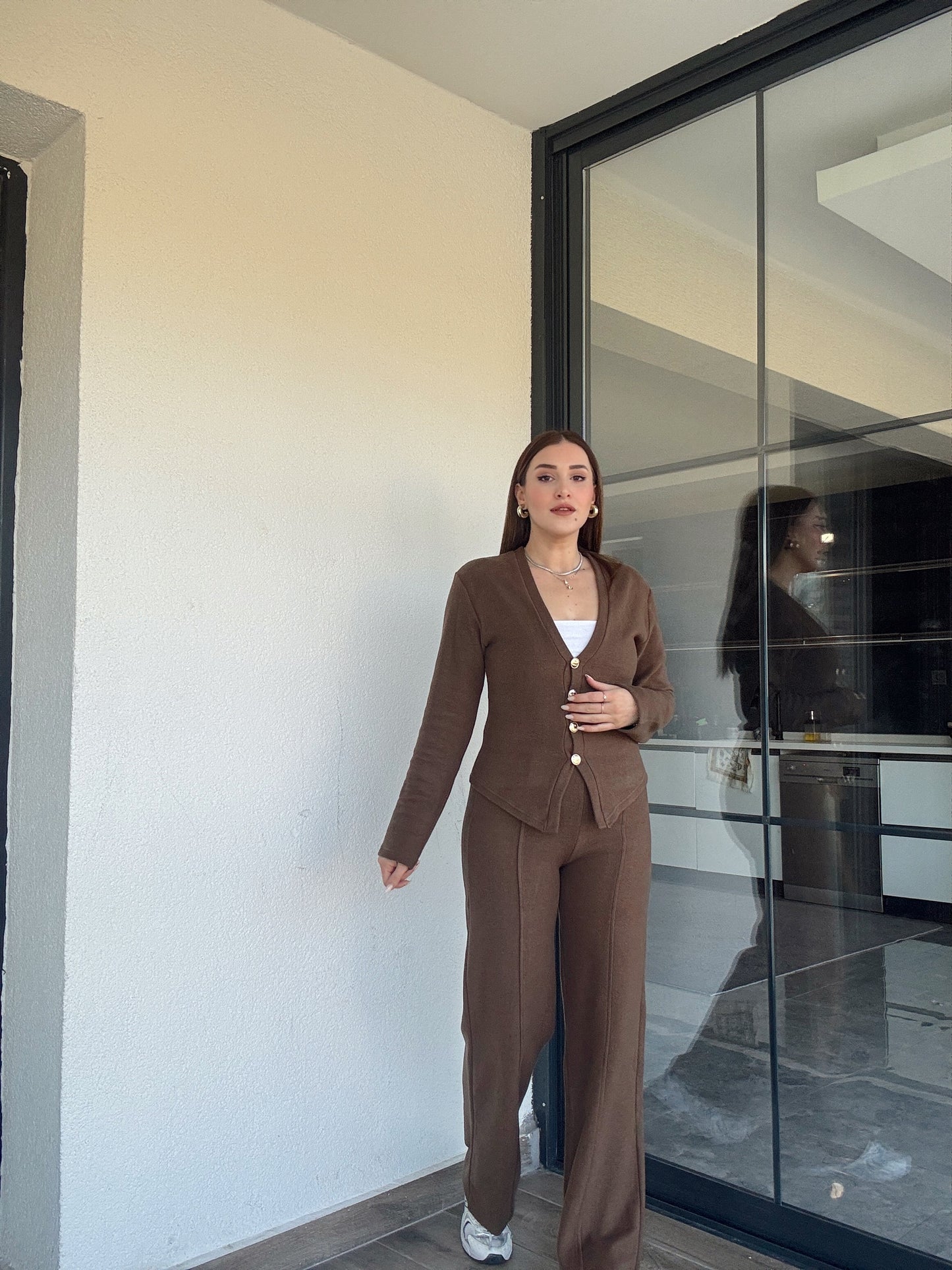 Selanik önü düğmeli ceket çimalı pantolon takım-KAHVERENGİ