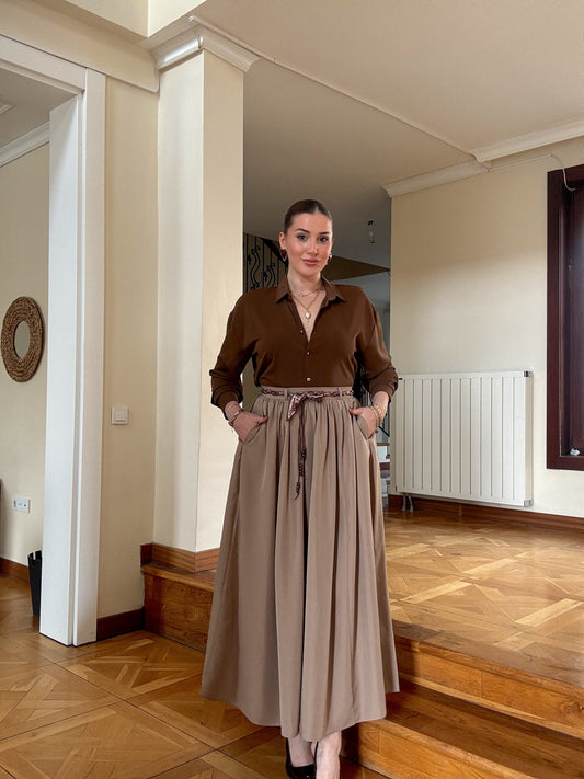 Şal kemerli etek vizon