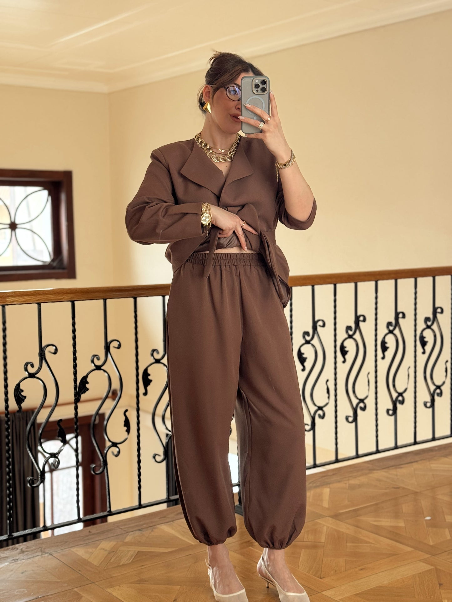 Ceket Kuşaklı Şalvar Takım-KAHVERENGİ