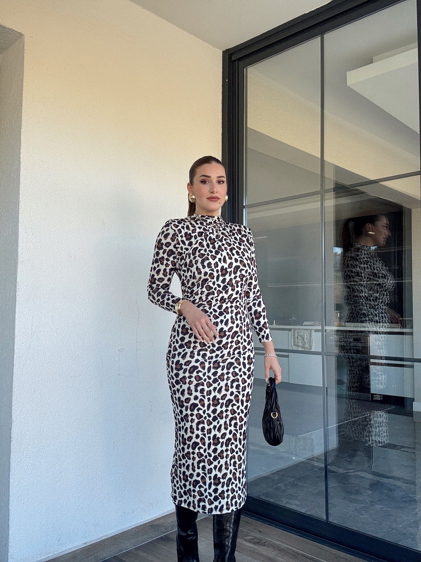 Sandy kumaş drape detaylı leopar elbise-BEJ