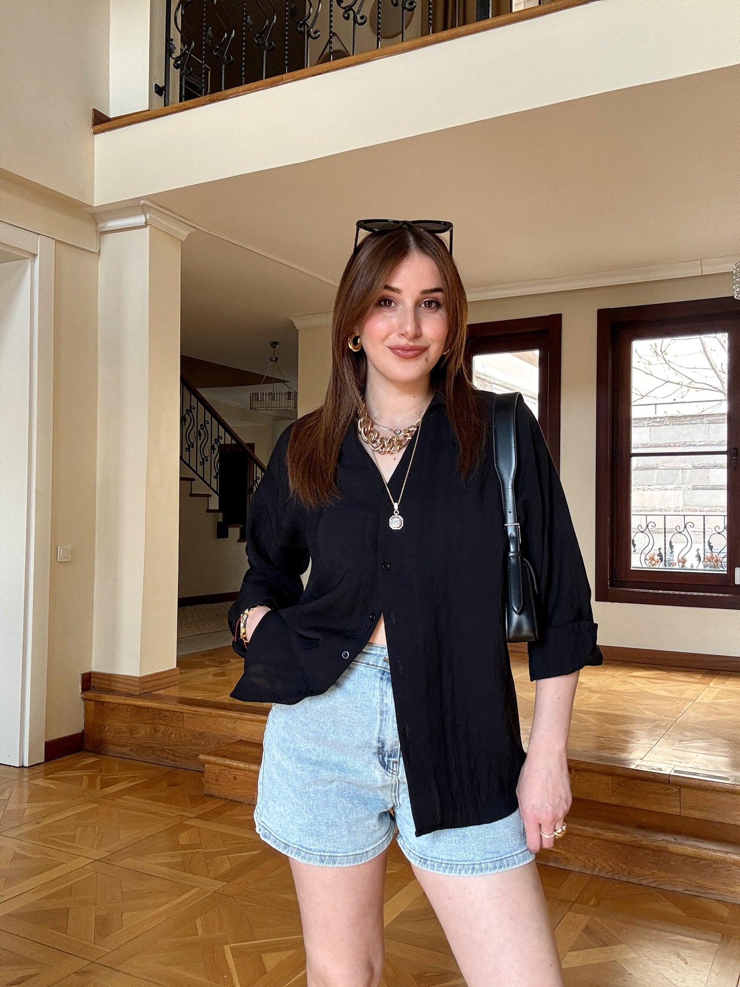 Kalın biye oversize gömlek Siyah