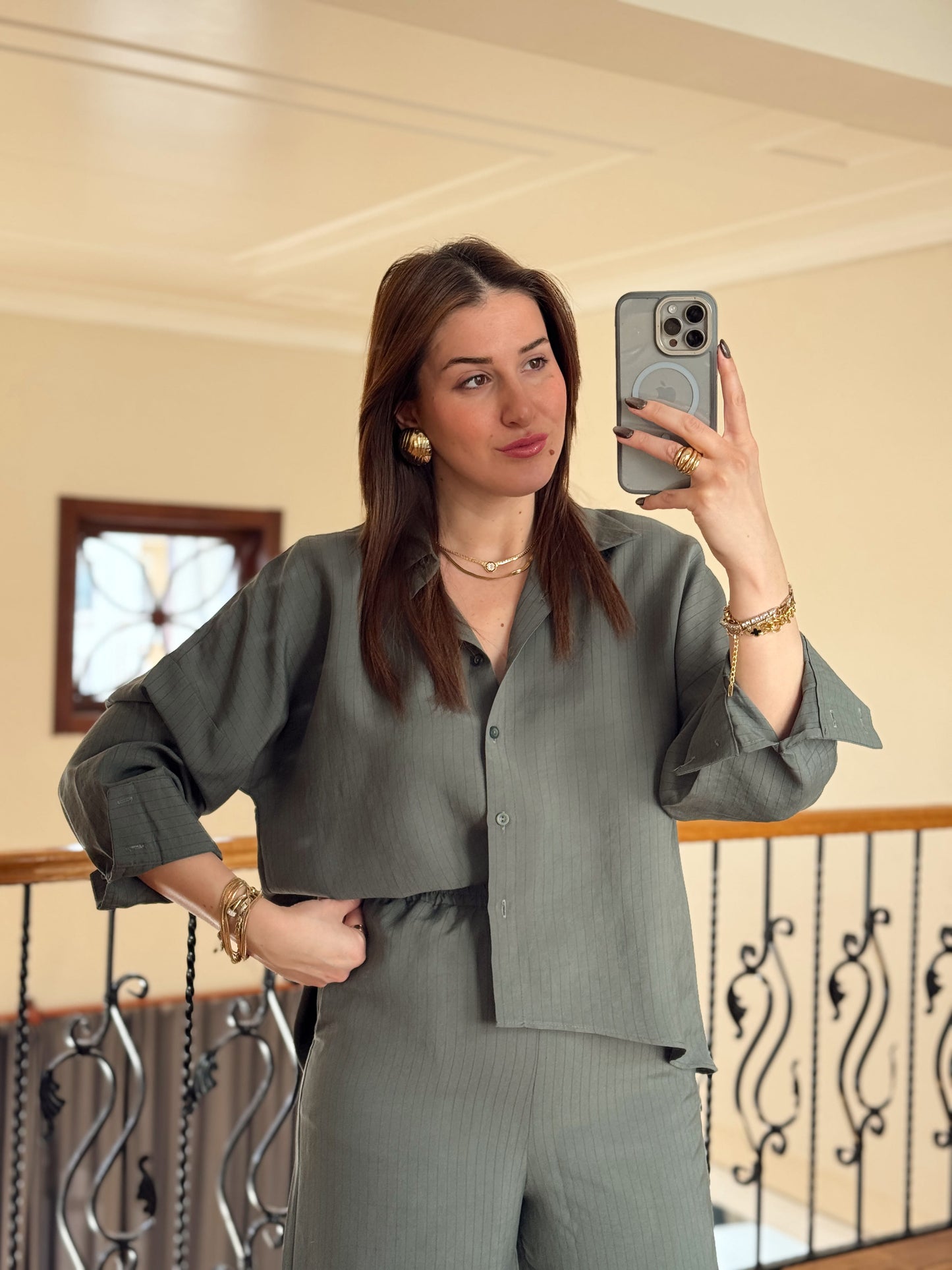 Gömlekli Çizgili Tensel Takım-HAKİ