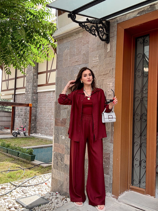 3 Parça  Keten Takım Bordo