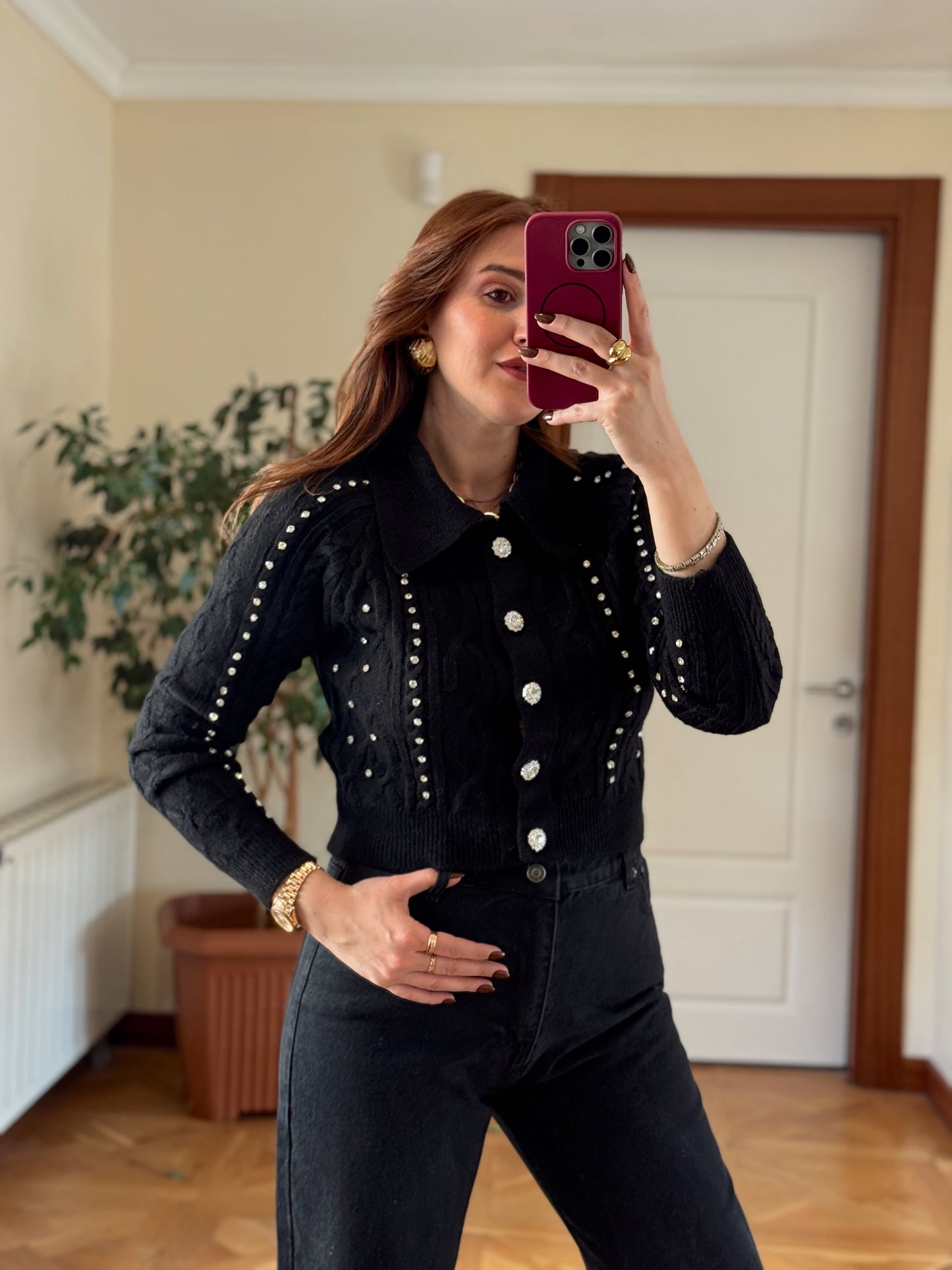 Örgü taşlı ceket-SİYAH