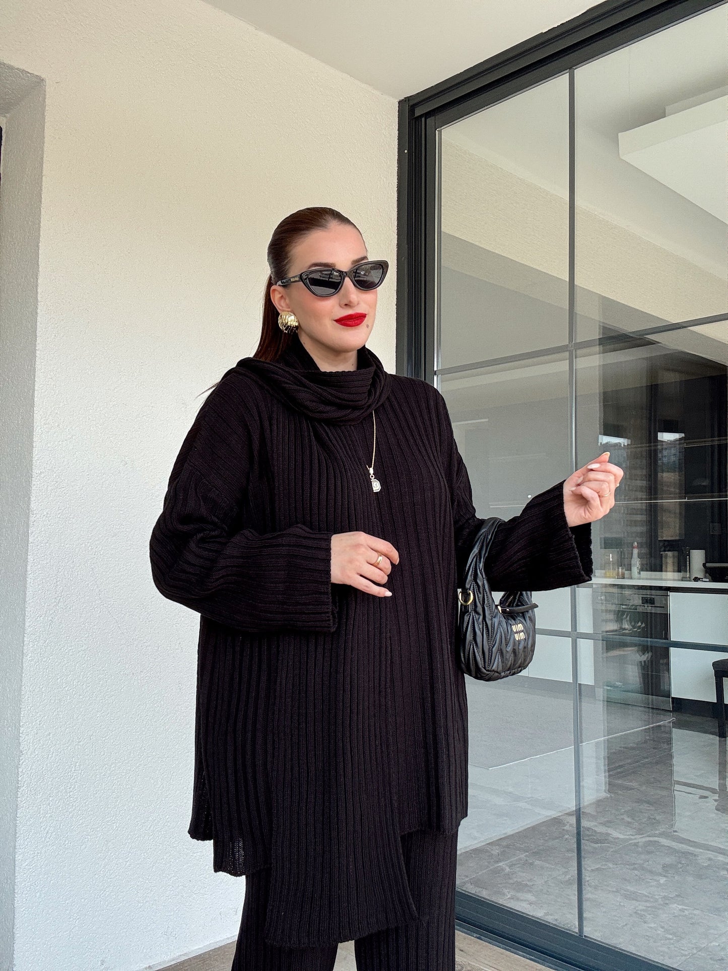 Şallı triko takım-SİYAH