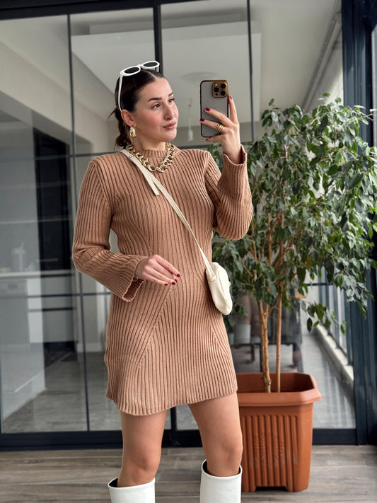 Kloş Fitilli Triko Elbise - CAMEL