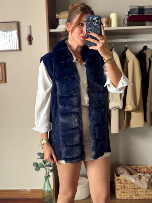 Önü peluşlu sakal kumaş yelek Lacivert