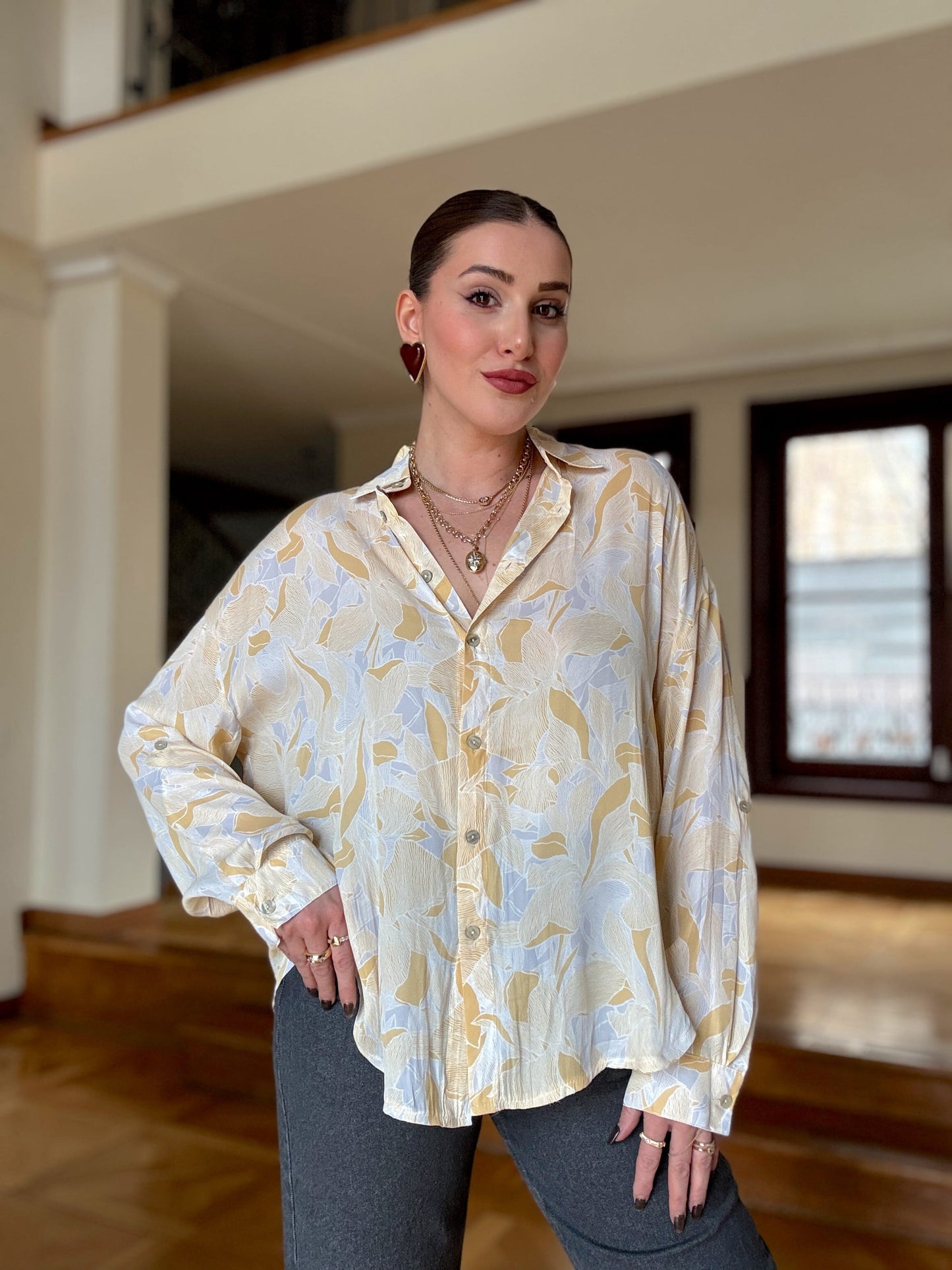 Desenli Şifon Gömlek Sarı